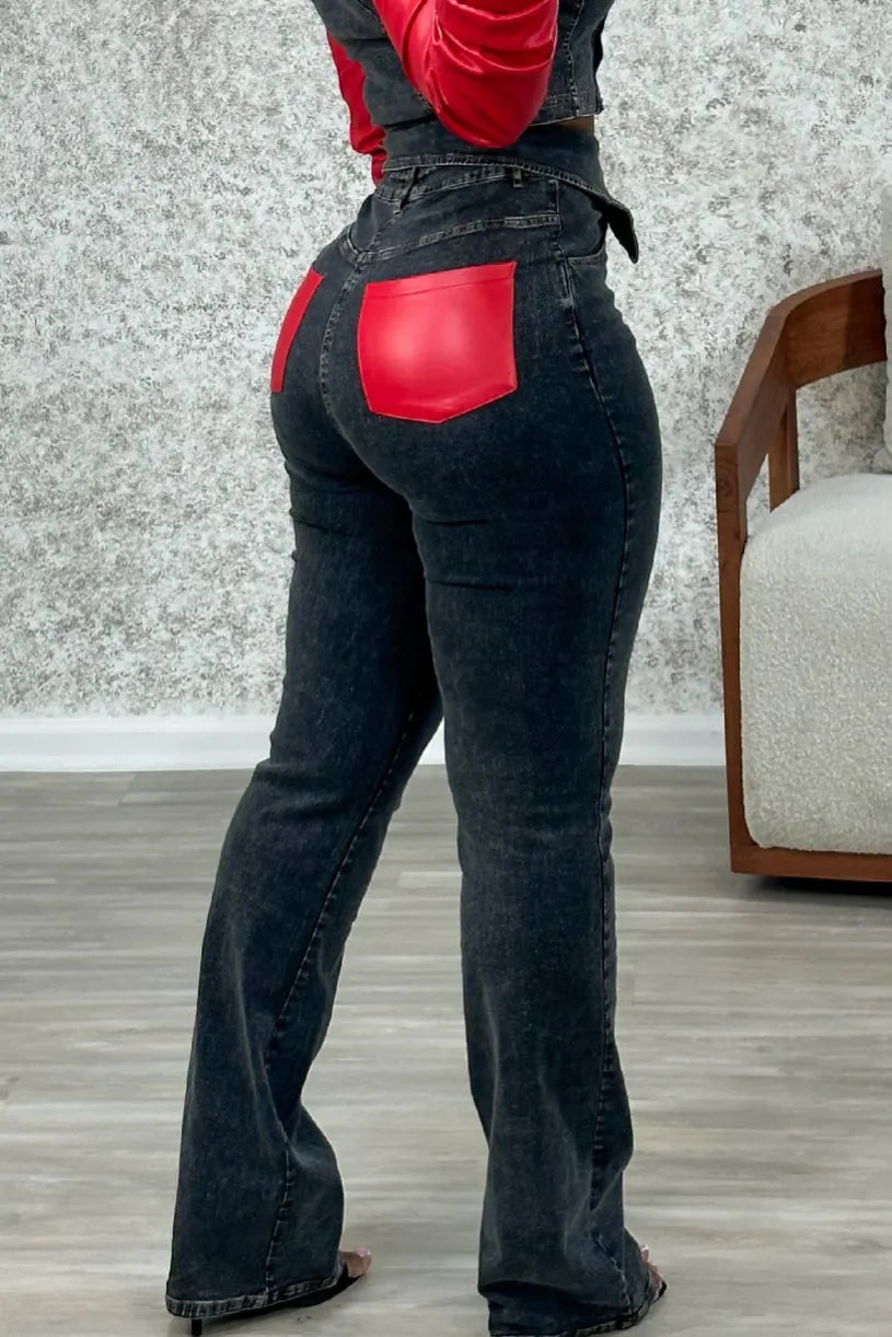 Women's Leather Panel Jacket With Contrast Belt Denim Jeans