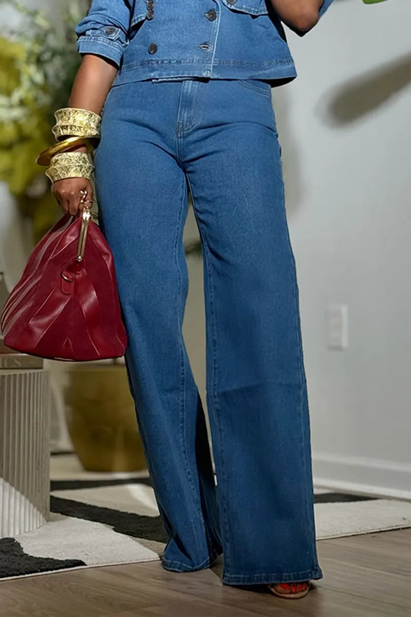 Women's Casual Lapel Double-Breasted Short Denim Jacket or Wide Leg Jeans