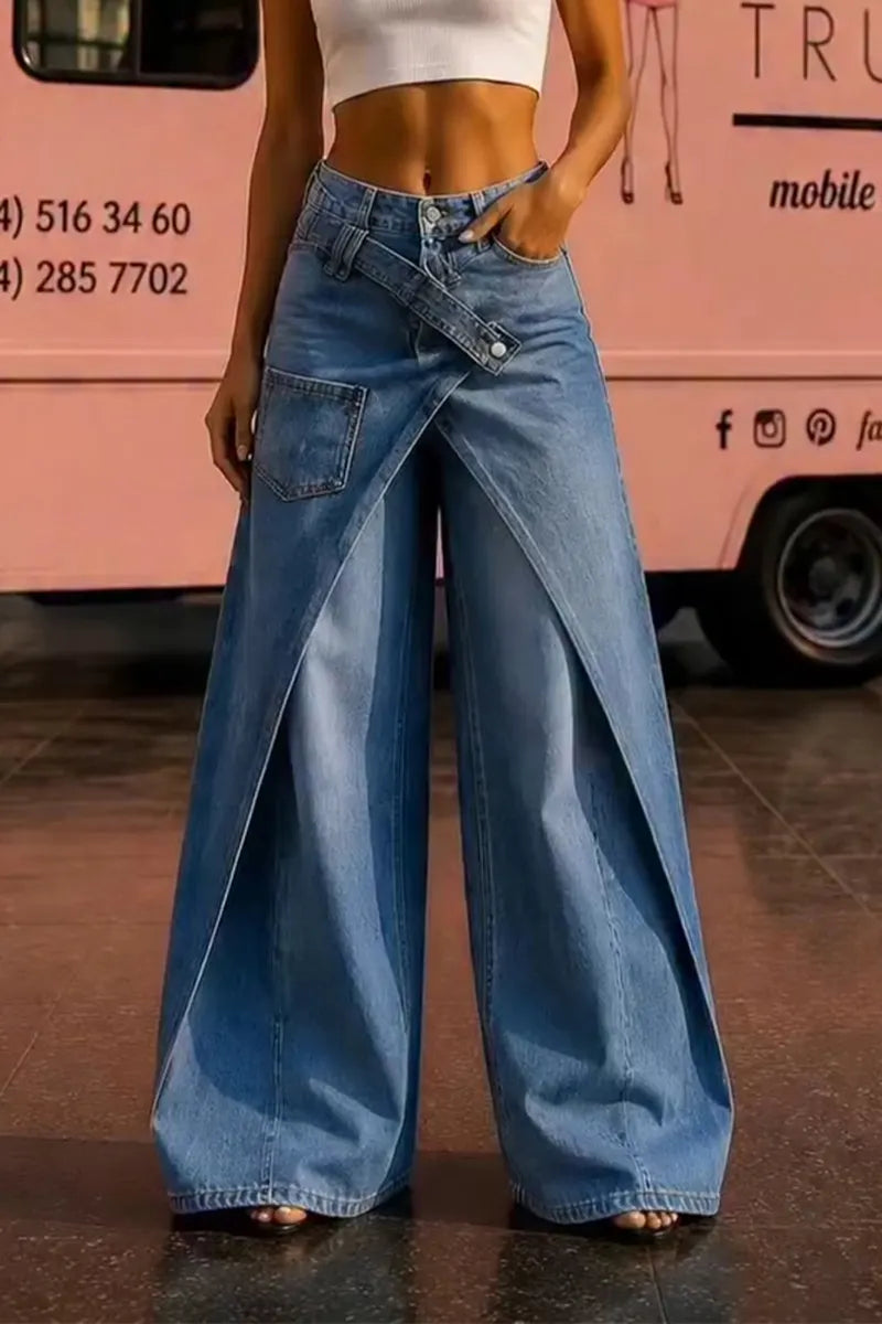Women's Fashion Asymmetrical Overlapping Faux Two-piece Jeans