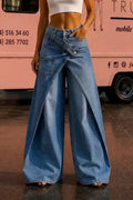 Women's Fashion Asymmetrical Overlapping Faux Two-piece Jeans