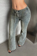 Women's Vintage Studded Tie Waist Mid Rise Jeans