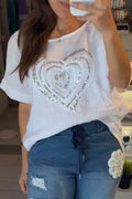 Women's Round Neck Heart-shaped Sequin Top or Spliced Washed Denim Jeans