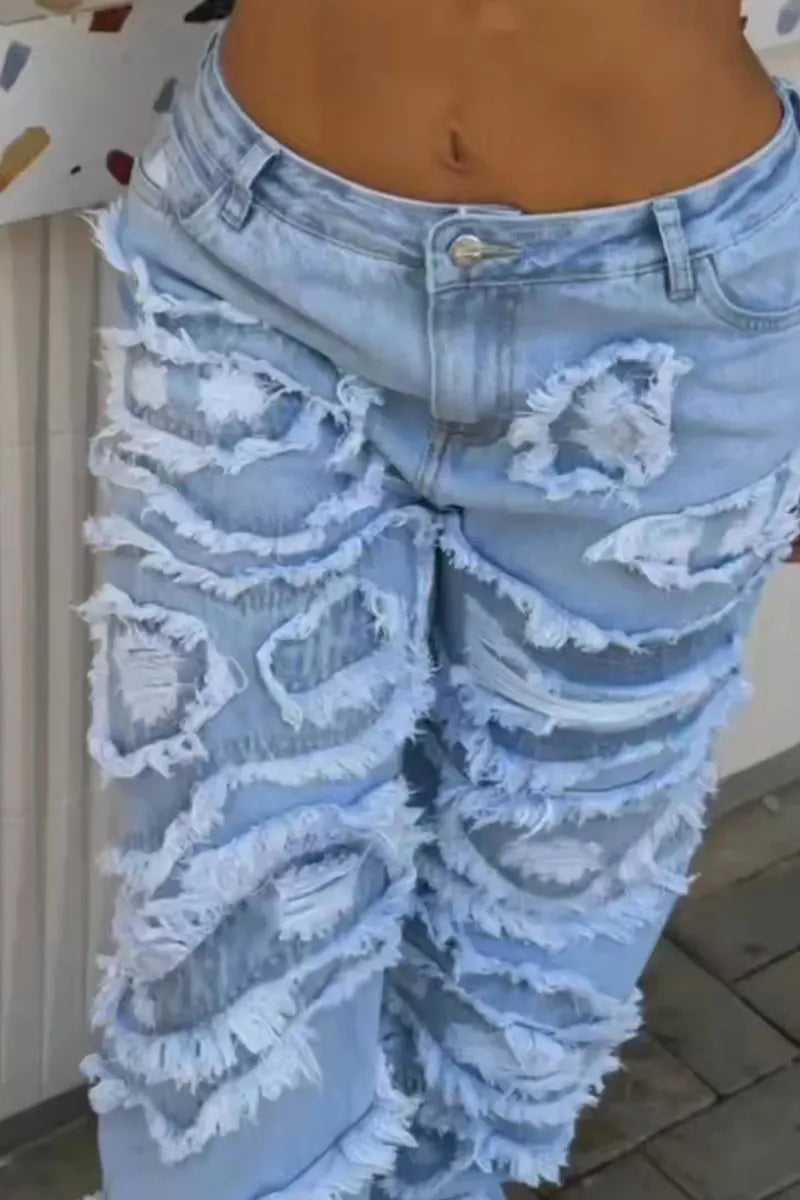 Women Multi Layer Frayed Ripped Light Wash Wide Leg Denim Jeans