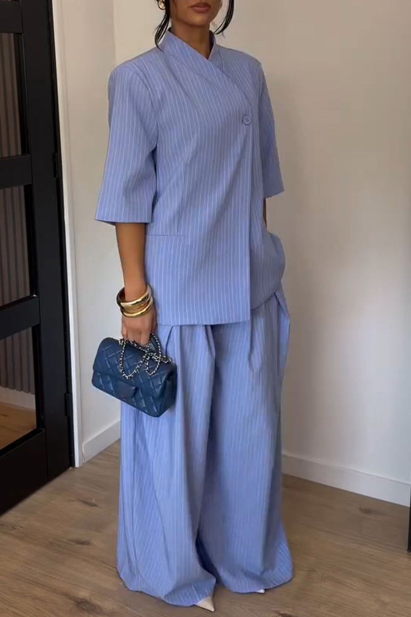 Women's Simple Urban Short Sleeve Stripe Blazer Pants Two-Piece Set