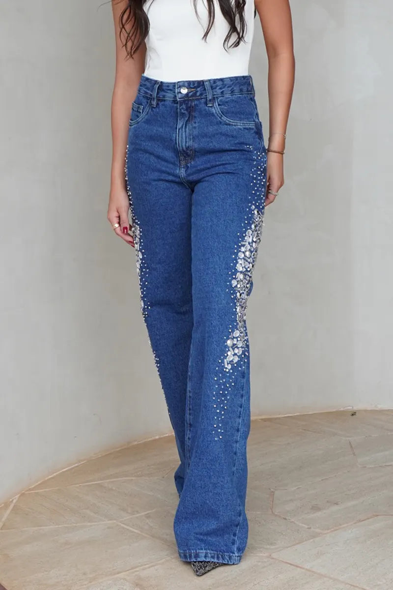 Women's Casual Versatile Rhinestone Trim Jeans