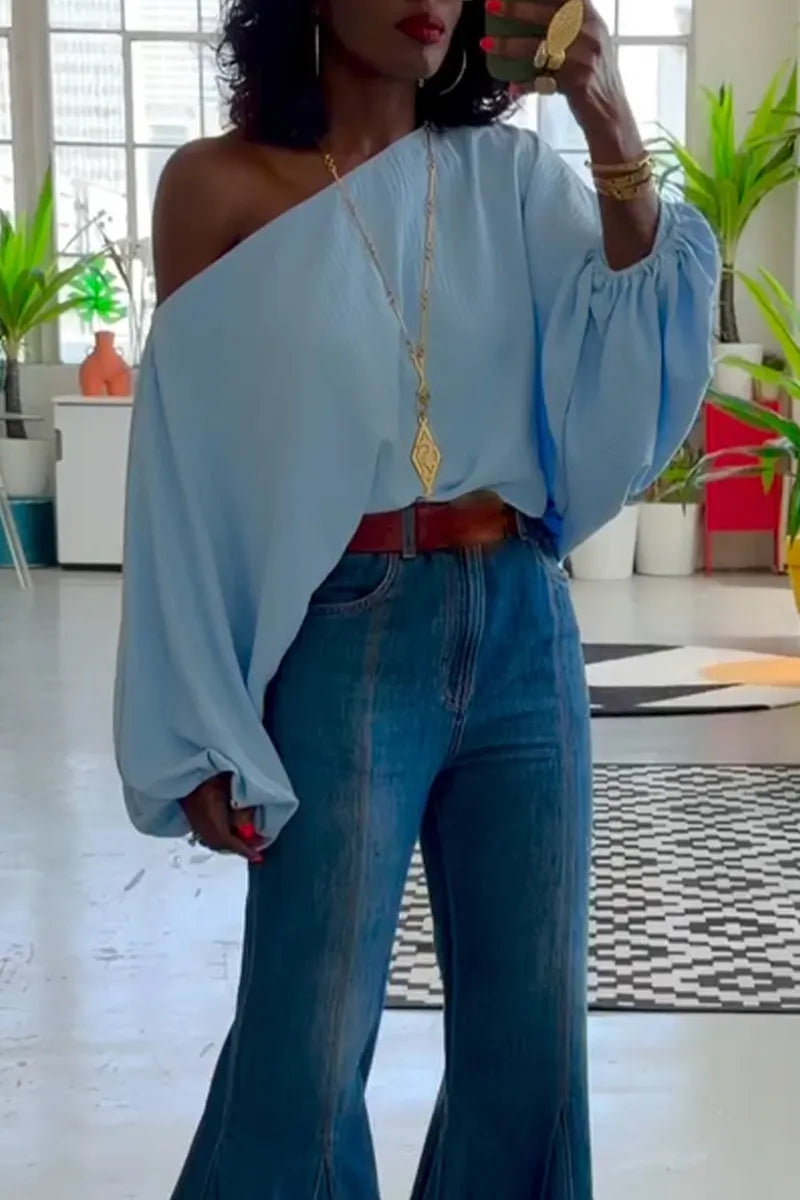 Women's Round Neck Solid Color Top or Washed Water Spliced Flared Jeans