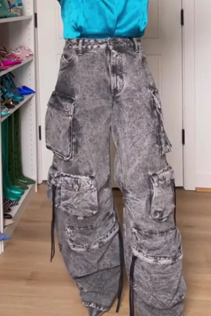 Women's Multi Pocket Cargo Wide Leg Jeans