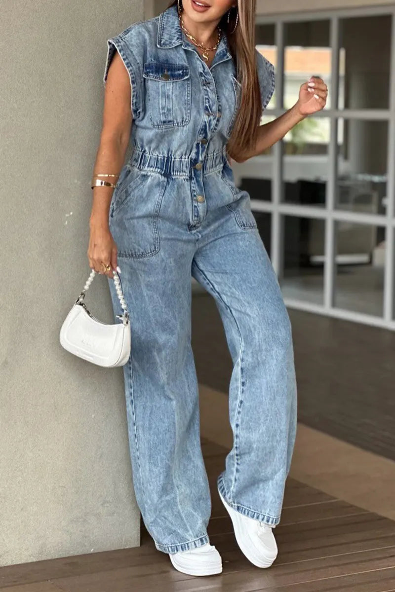 Women's Casual Wide Shoulder Waist Cinching Denim Jumpsuit