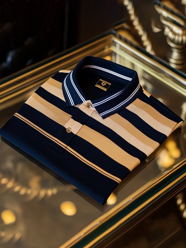 Men's Retro Business Stripe Print Long Sleeve Polo Shirt