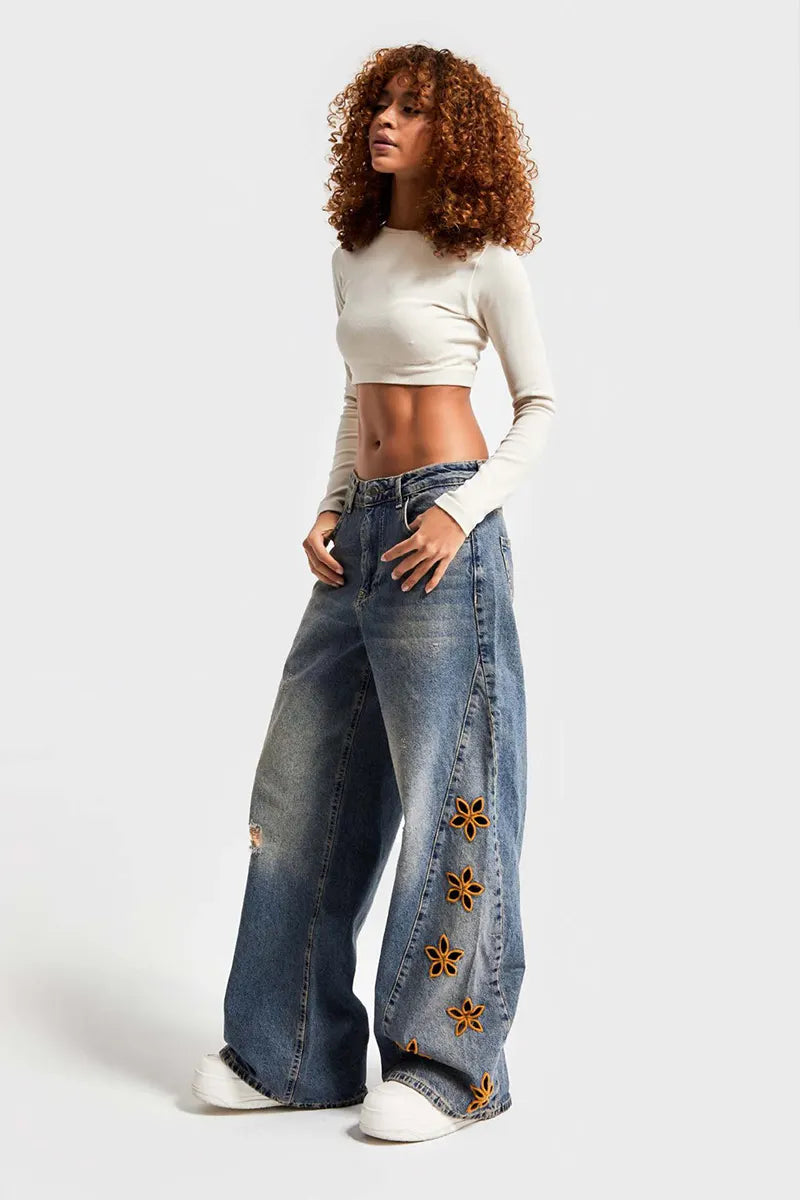 Women's Embroidered Floral High-Waisted Jeans