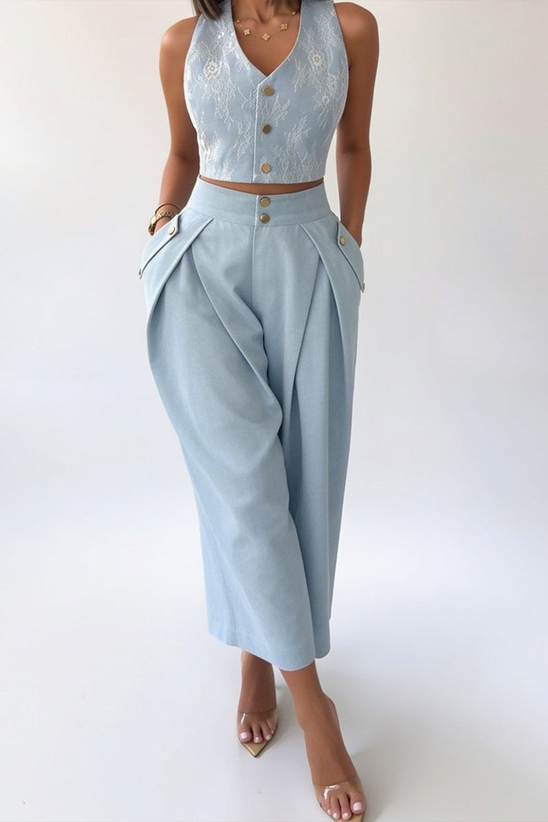 Women's Casual Button Vest Tapered Pants Two-Piece Set