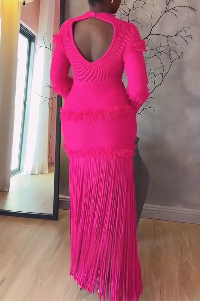 Women Round Neck Patchwork Tassel Solid Color Elegant Temperament Dress