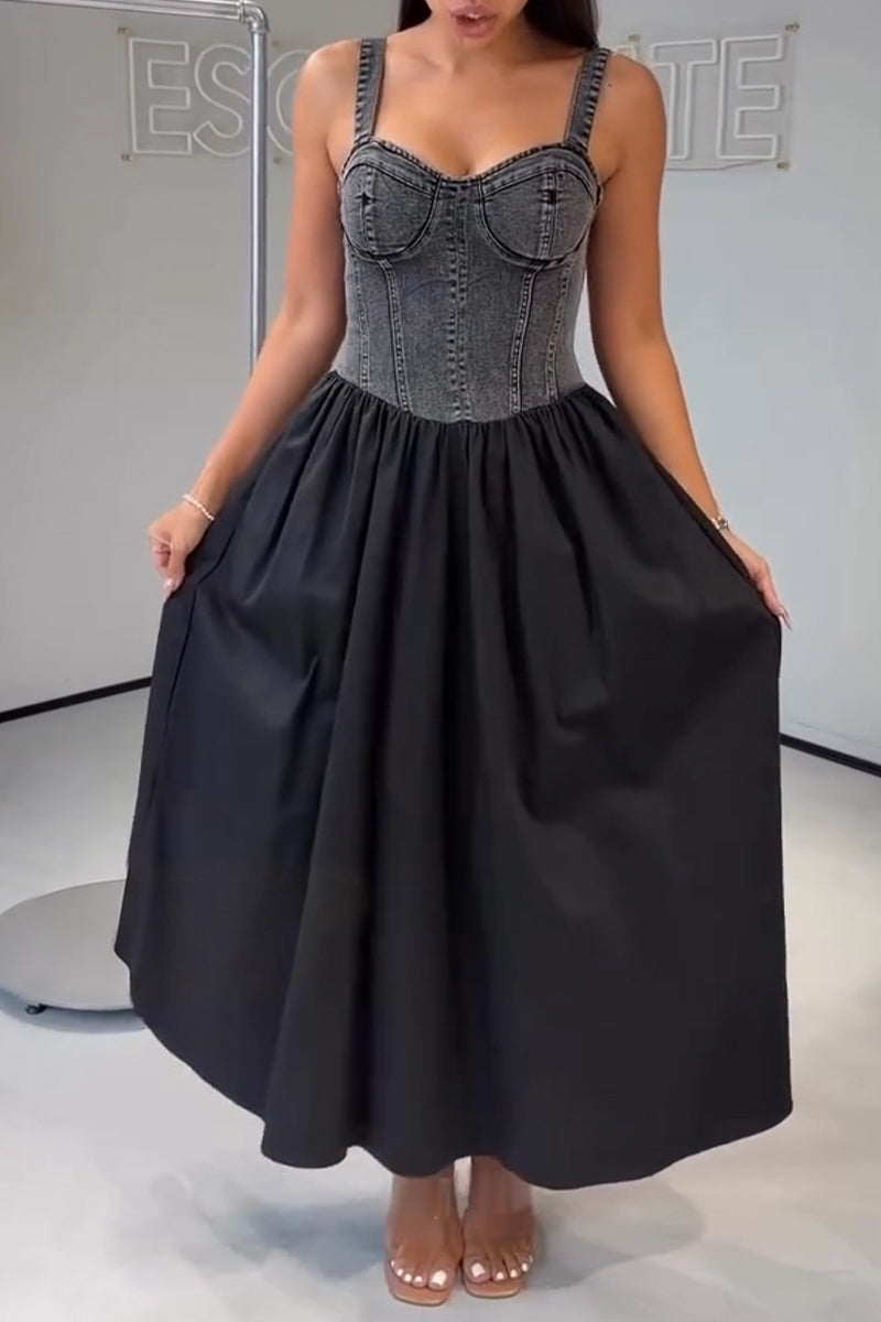 Women's Casual Denim Patchwork Maxi Dress