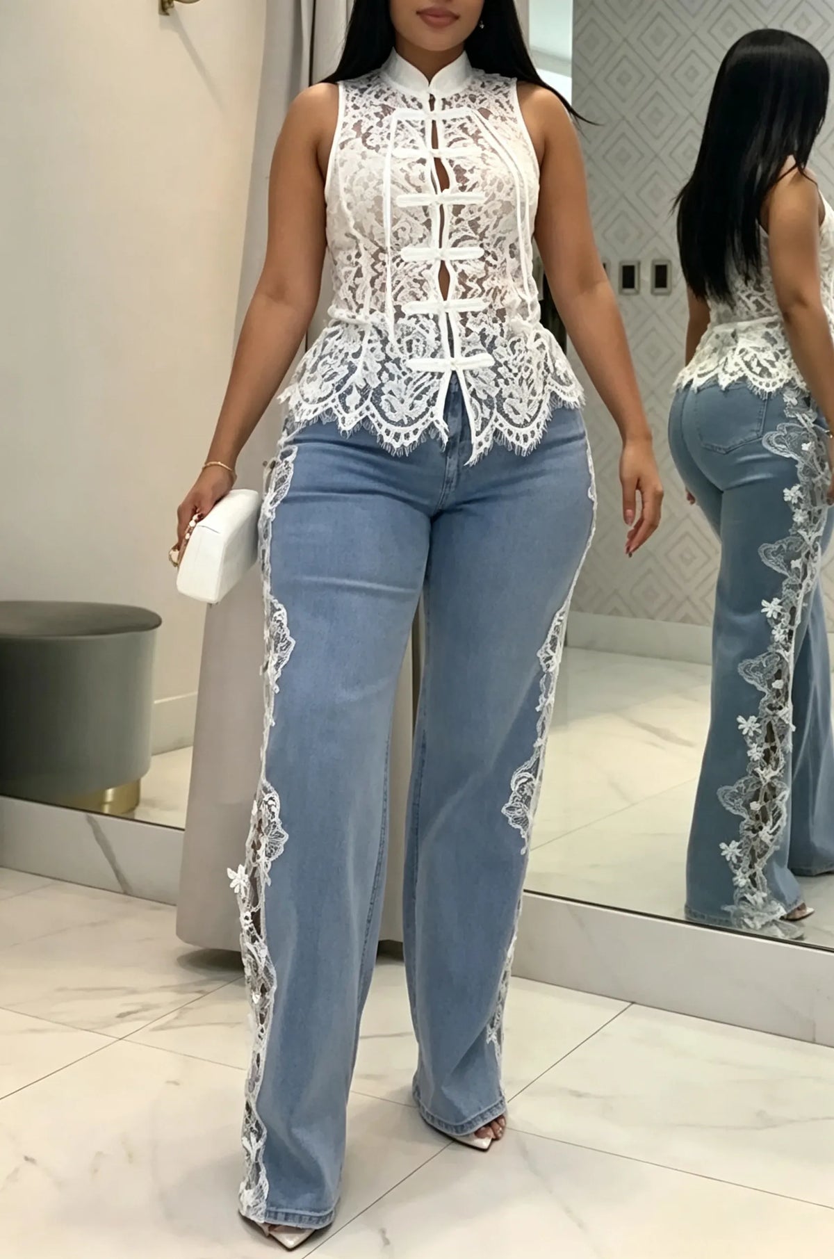 Women's Fashion Lace Button Vest or Side Lace Patchwork Jeans
