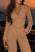 Women's Elegant Temperament Lapel Round Bead Decorative Jacket or Pants