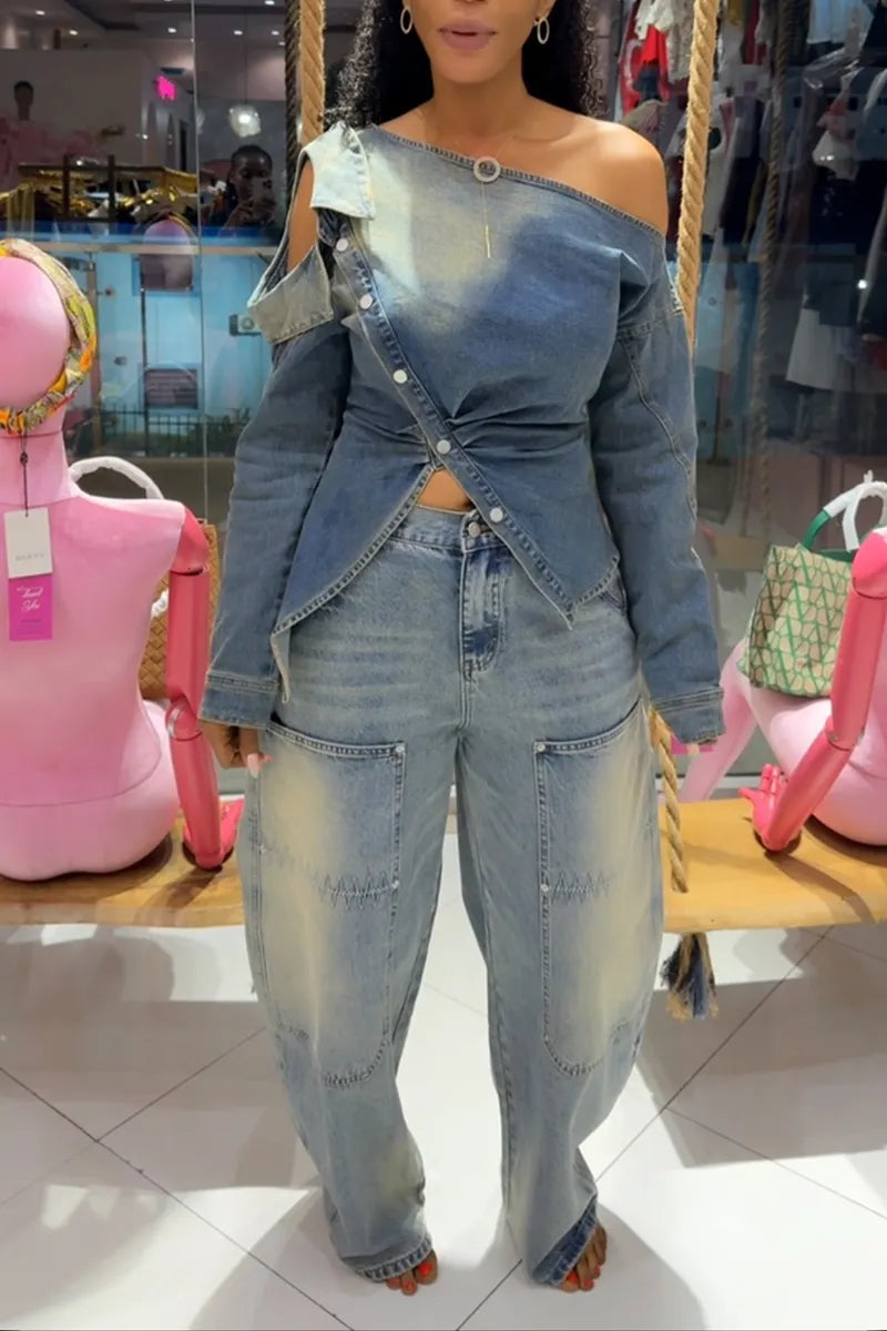 Women's Fashion Lapel Button Asymmetric Denim Top or Jeans