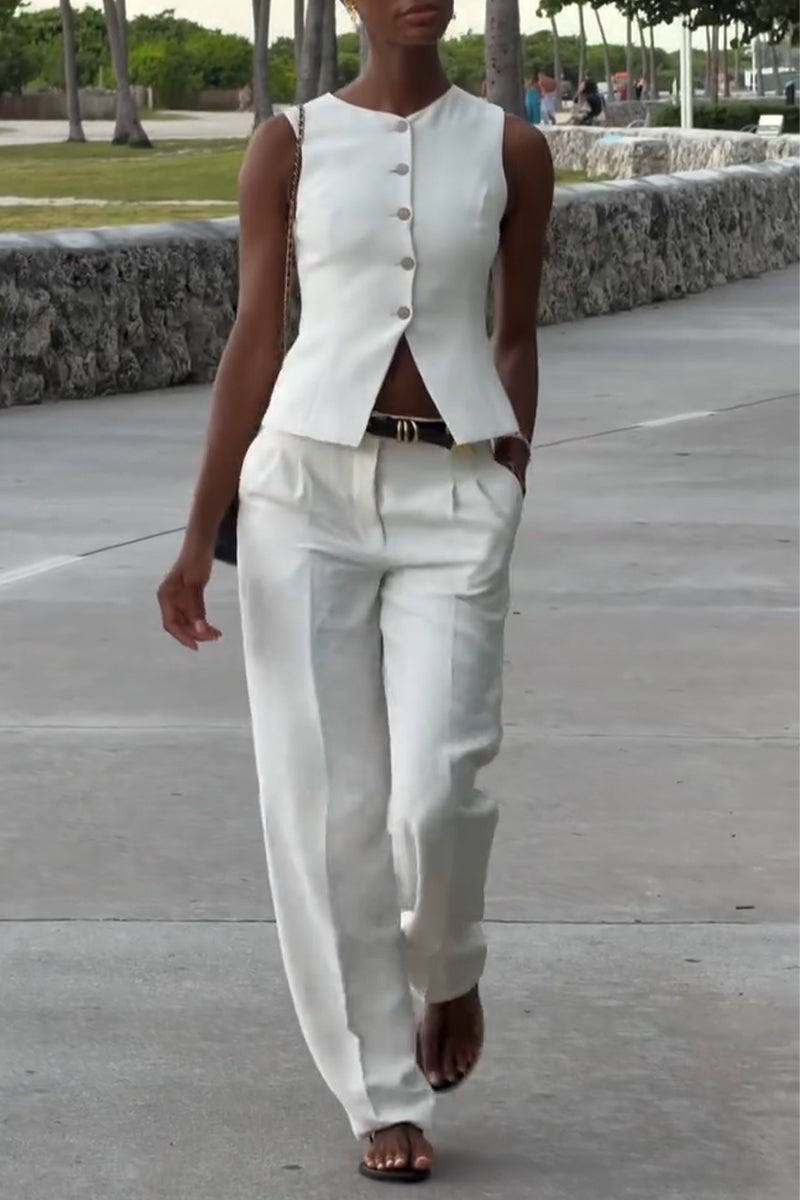Women's Round Neck Sleeveless Breasted Top+ Pants Casual Suit