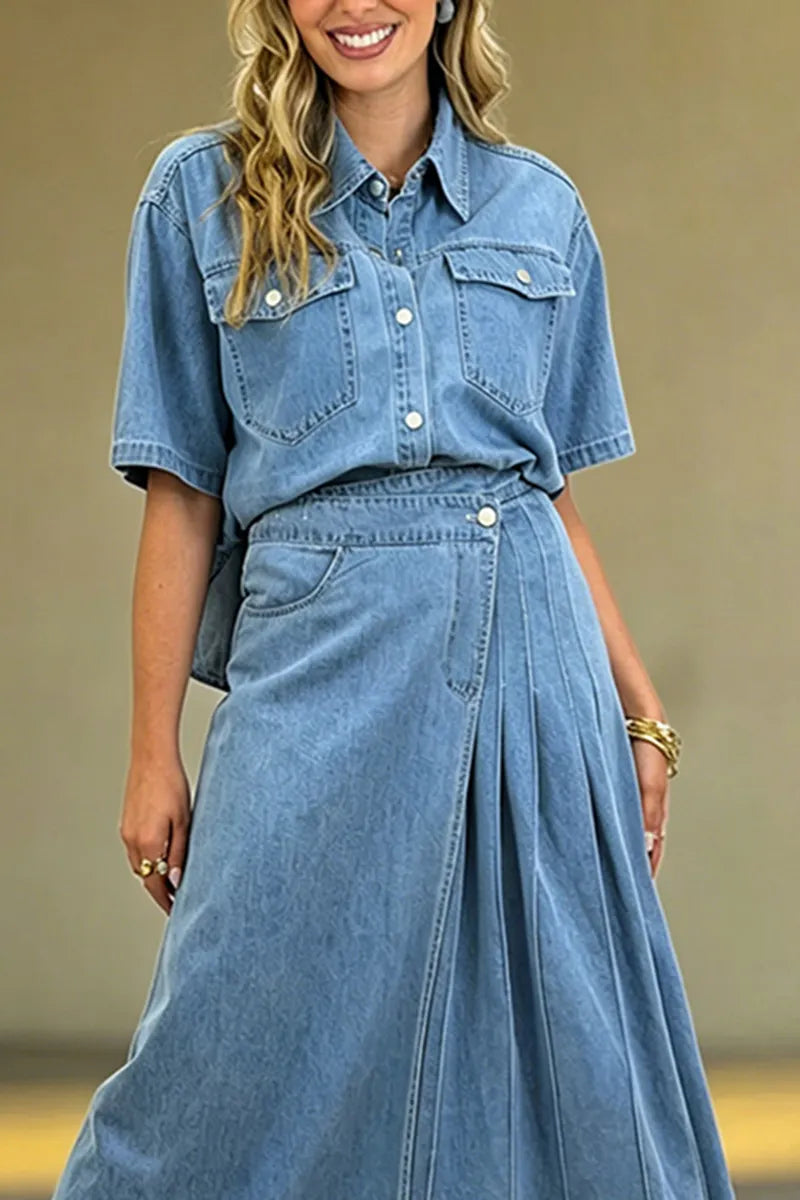 Women's Casual Loose Denim Shirt or Asymmetric Denim Skirt