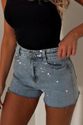 Women's High Waist Rhinestone Sprinkled Raw Hem Denim Hot Shorts