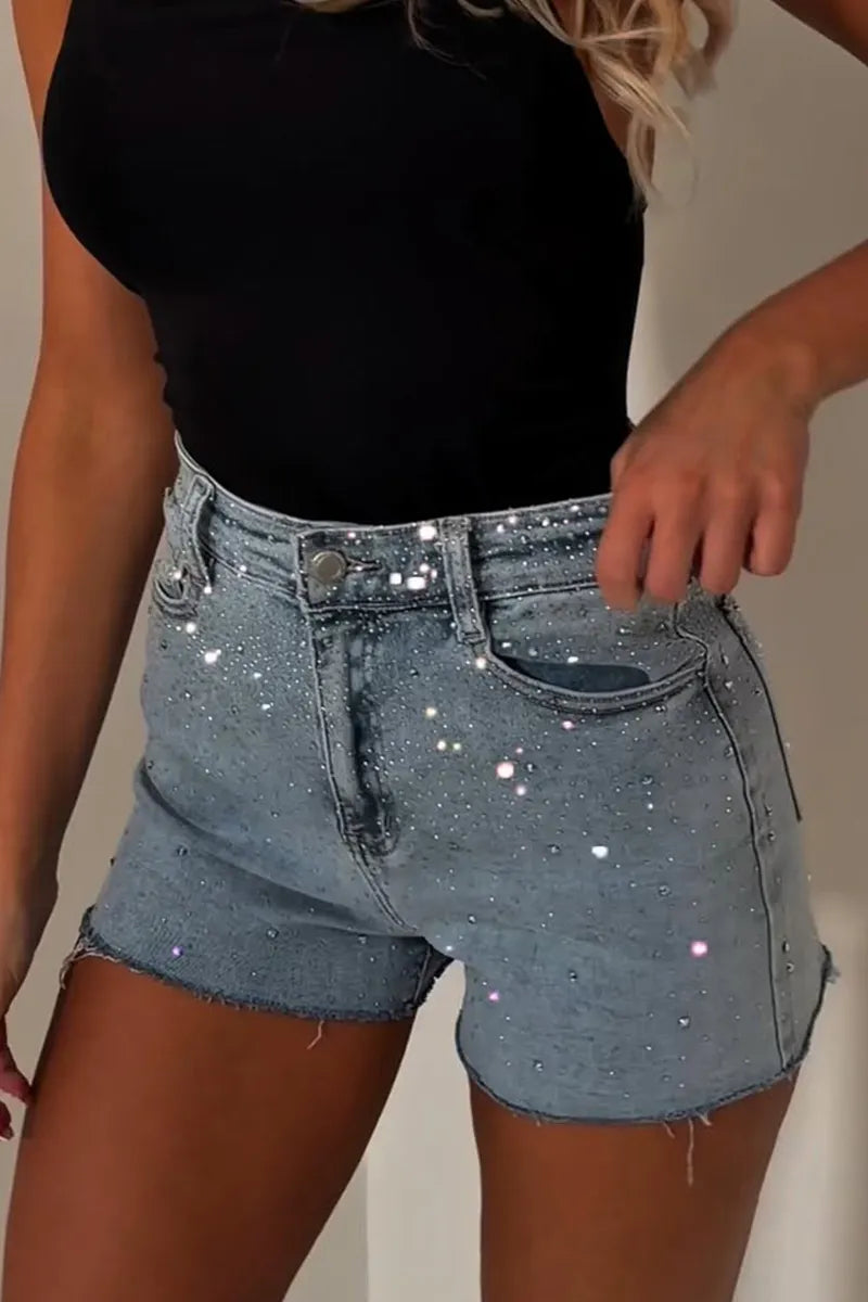 Women's High Waist Rhinestone Sprinkled Raw Hem Denim Hot Shorts
