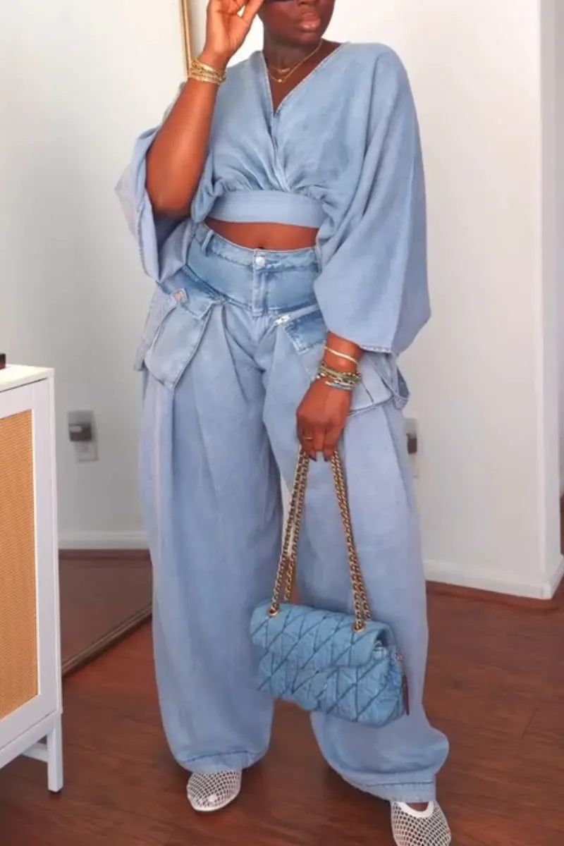 Women V-neck Top+ Spliced Wide Leg Pants Casual Set