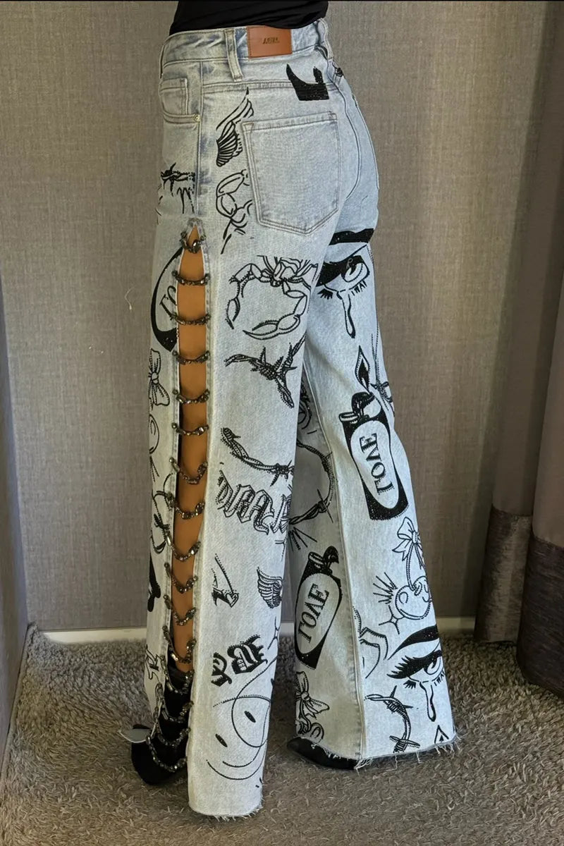 Women's Fashion Side Chain Decoration Pattern Print Wide Leg Jeans