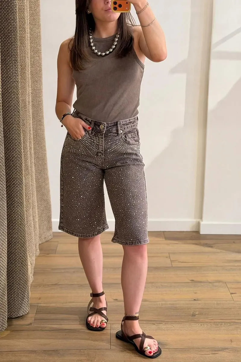 Women's Fashion Firework Pattern Rhinestone Trim Cropped Jeans