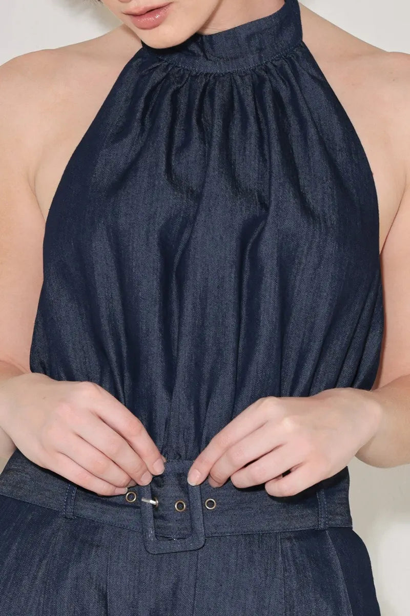 Women's Elegant Halter Neck Denim Jumpsuit