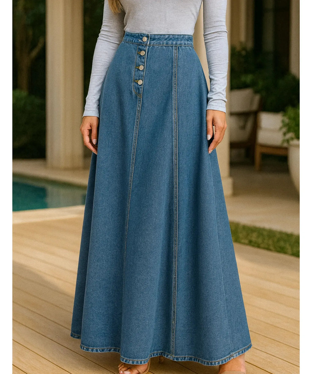 Denim Maxi Skirt - Sculpt Your Curves and Own Every Room with Effortless Grace