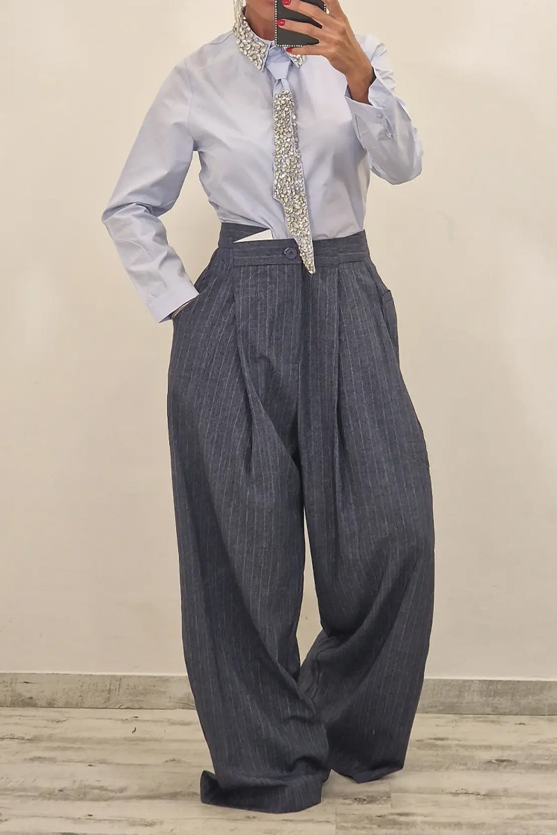 Women's Fashion Rhinestone Neckline Shirt with Belt or Stripe Suit Pants