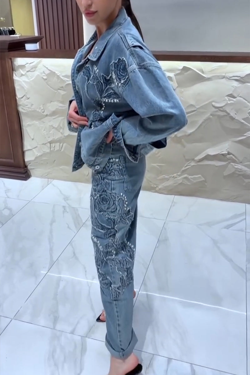 Women's Casual Embroidery Rhinestone Decoration Denim Jacket or Jeans