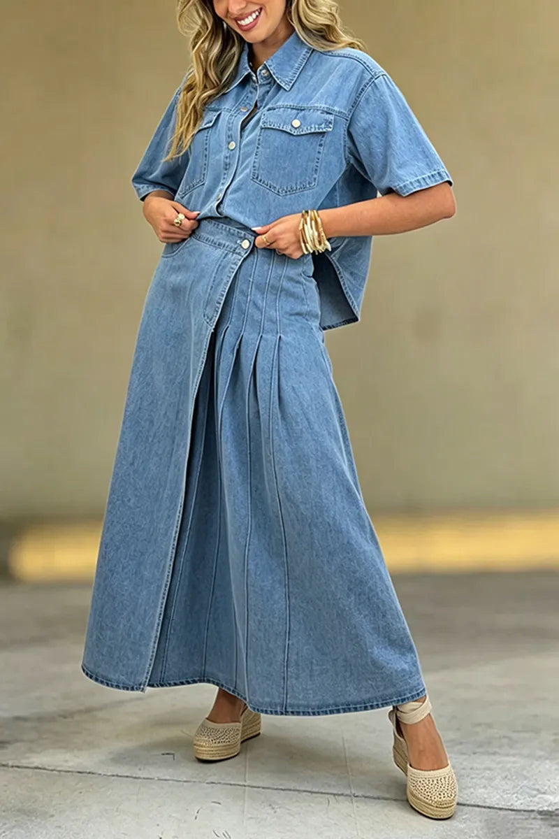 Women's Casual Loose Denim Shirt or Asymmetric Denim Skirt