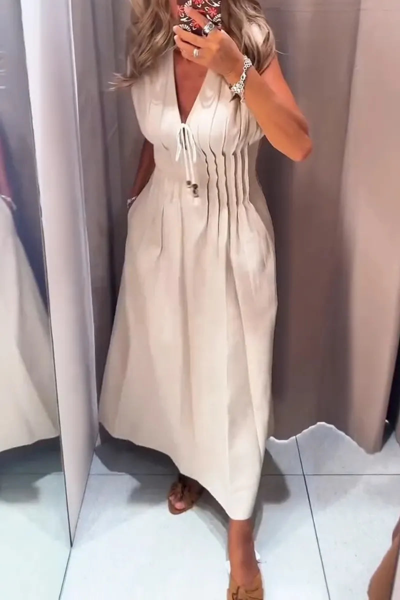Women Deep V-neck Cinched Waist Elegant Casual Maxi Dresses