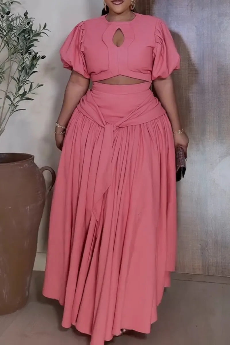 Women's Elegant Puff Sleeve Top A-Line Pleated Hem Skirt Two-Piece Set