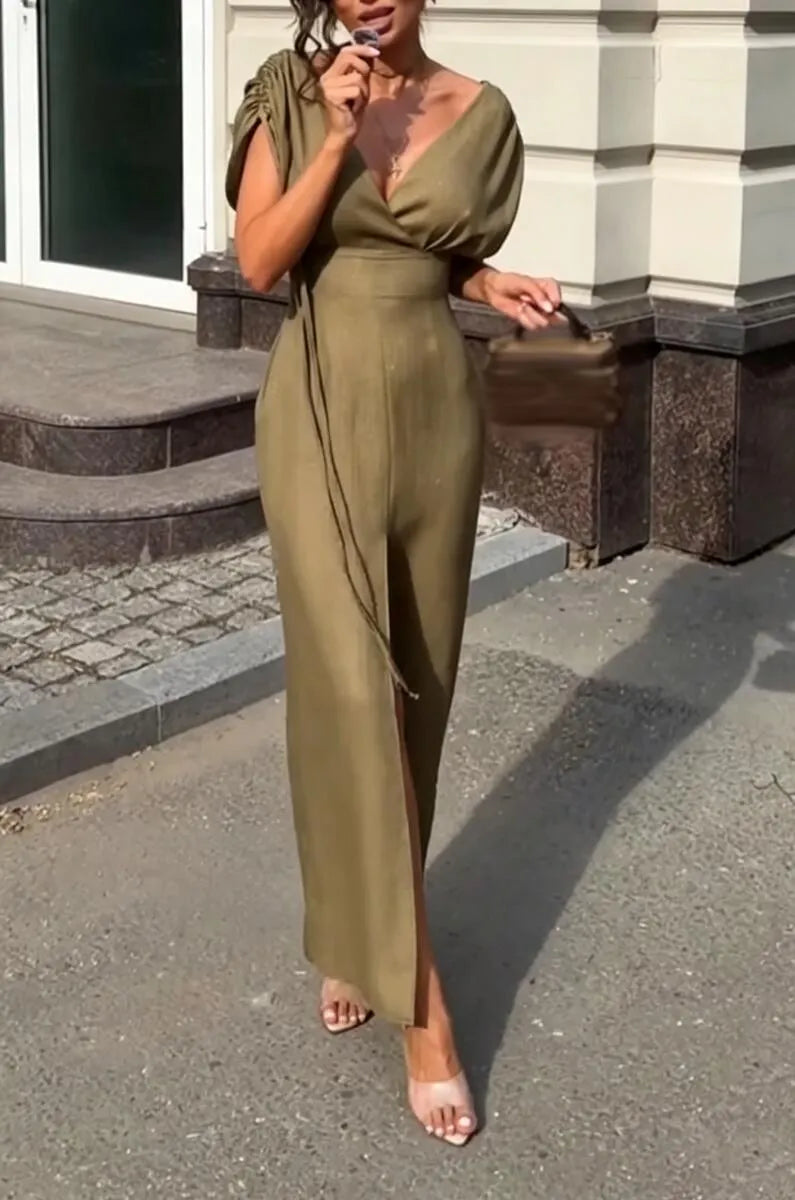 Women's V-neck Split Solid Color Elegant Casual Dress