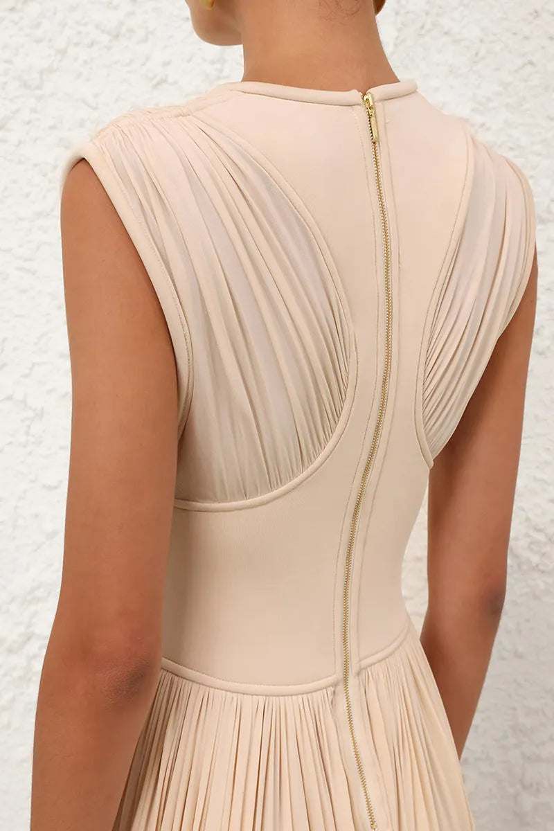 Elegant Women's Long Dress Pleated Waist Design