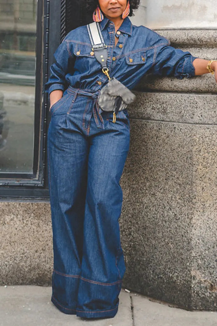 Women's Casual Versatile Loose Button Front Denim Jumpsuit