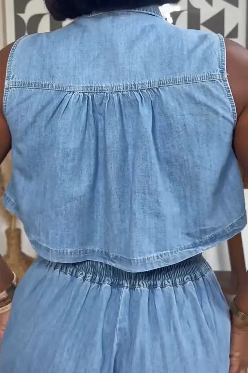 Women's Casual Sleeveless Wide Leg Denim Jumpsuit