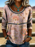 Women's Vintage Print Casual Hollow Denim Shirt
