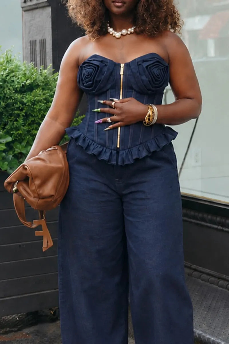 Women's Fashion 3D Floral Denim Bustier or Curved Cut Jeans