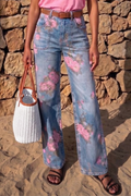 Women's High-Waisted Floral Print Wide Leg Jeans Casual Front Pocket Washed Denim Trousers
