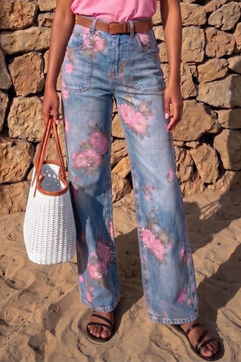 Women's High-Waisted Floral Print Wide Leg Jeans Casual Front Pocket Washed Denim Trousers