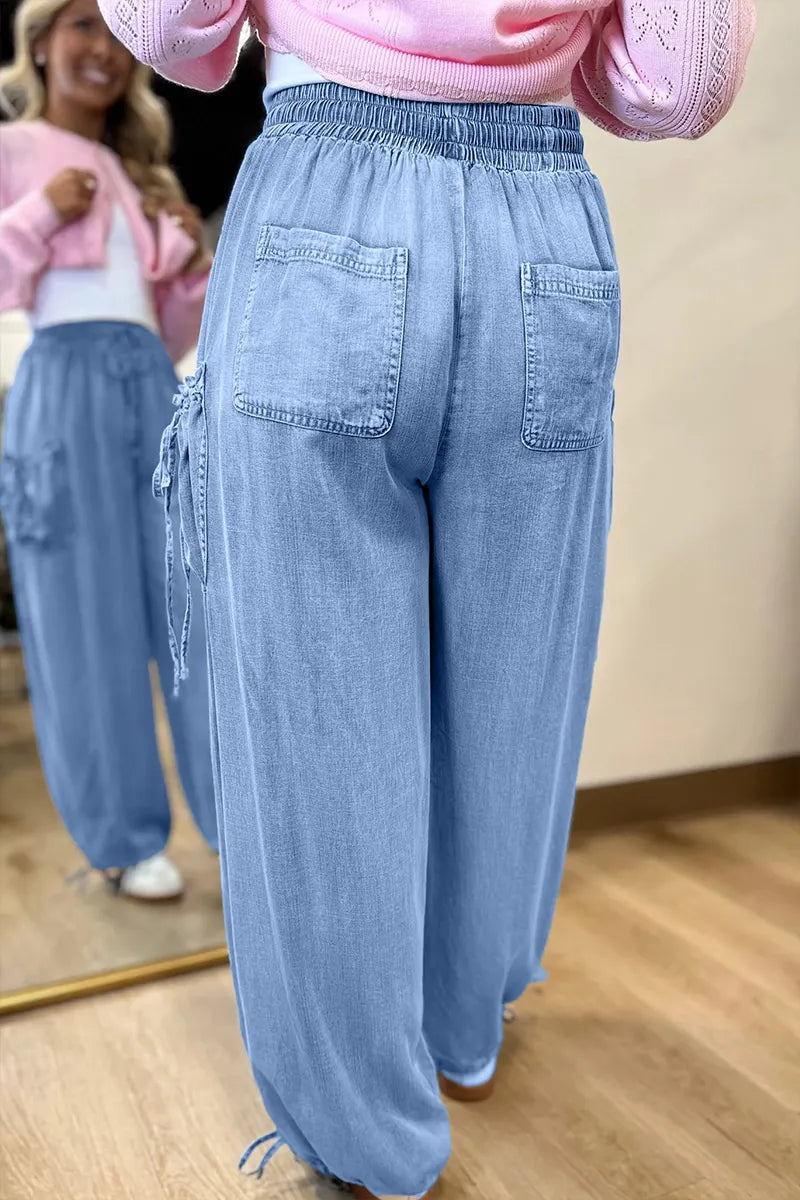 Ladies' Fashionable Casual Drawstring Elastic Waistband Pocket Loose Jeans