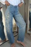 Women's Fashion Beads Rhinestone Decoration Curved Jeans