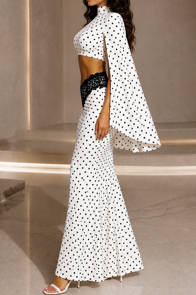 Polka Dot Cape Sleeve Crop Top & Lace Detail Mermaid Maxi Skirt Set