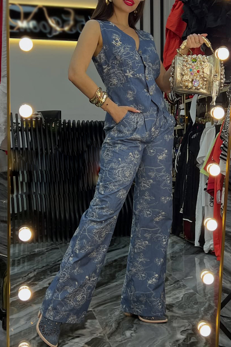 Women V-neck Sleeveless Printed Top and Pants Casual Set