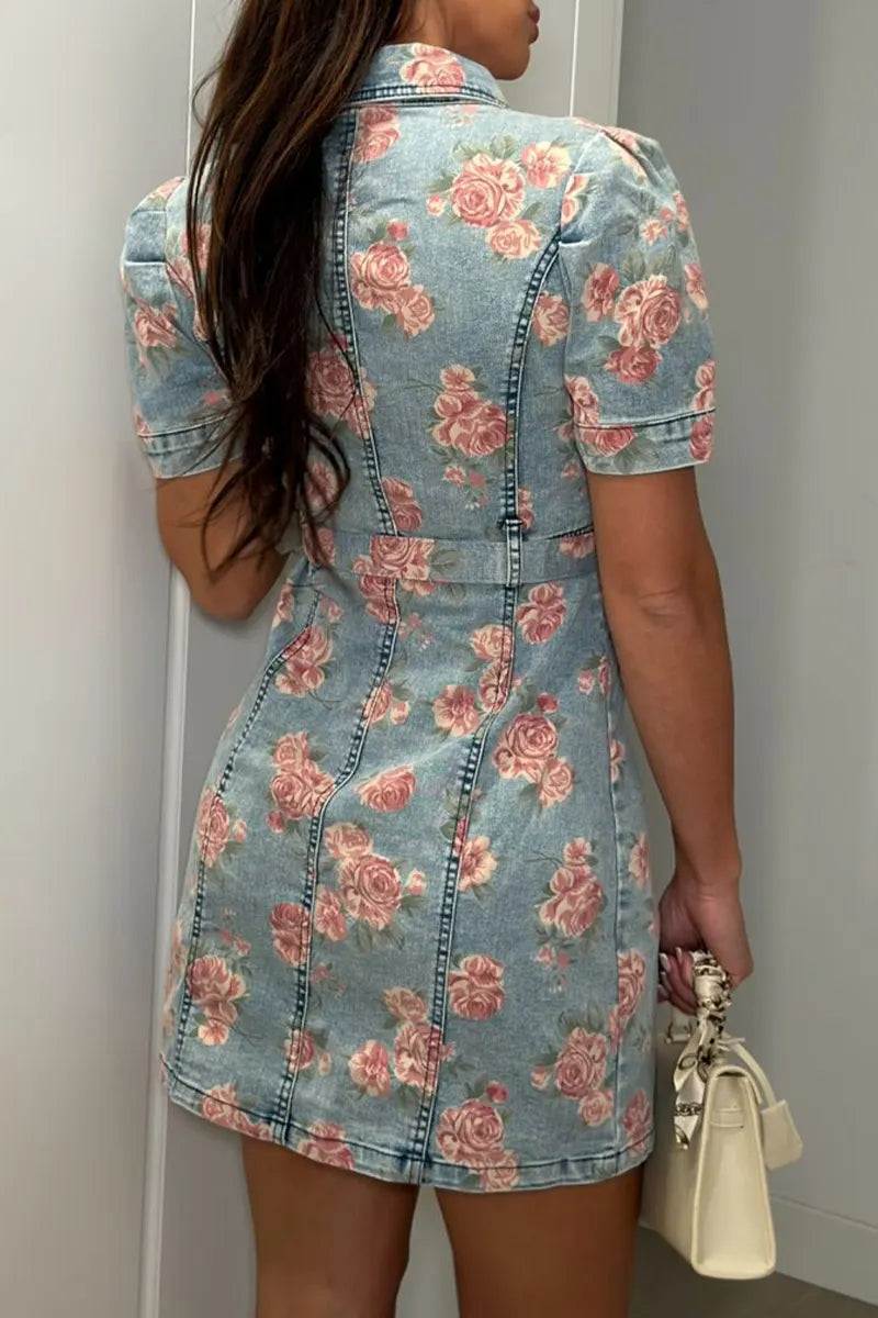 Women Collar Print Buckle Elegant Casual Denim Dress