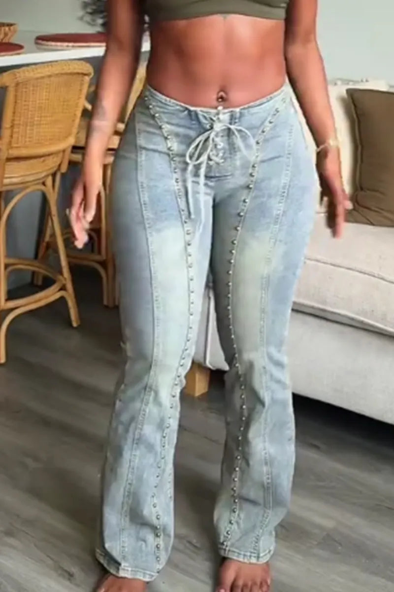Women's Street Style Drawstring Studded Skinny Flare Jeans