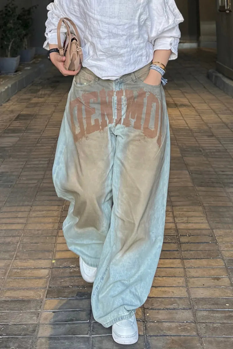 Women's Casual Distressed Wash Letter Print Wide Leg Jeans