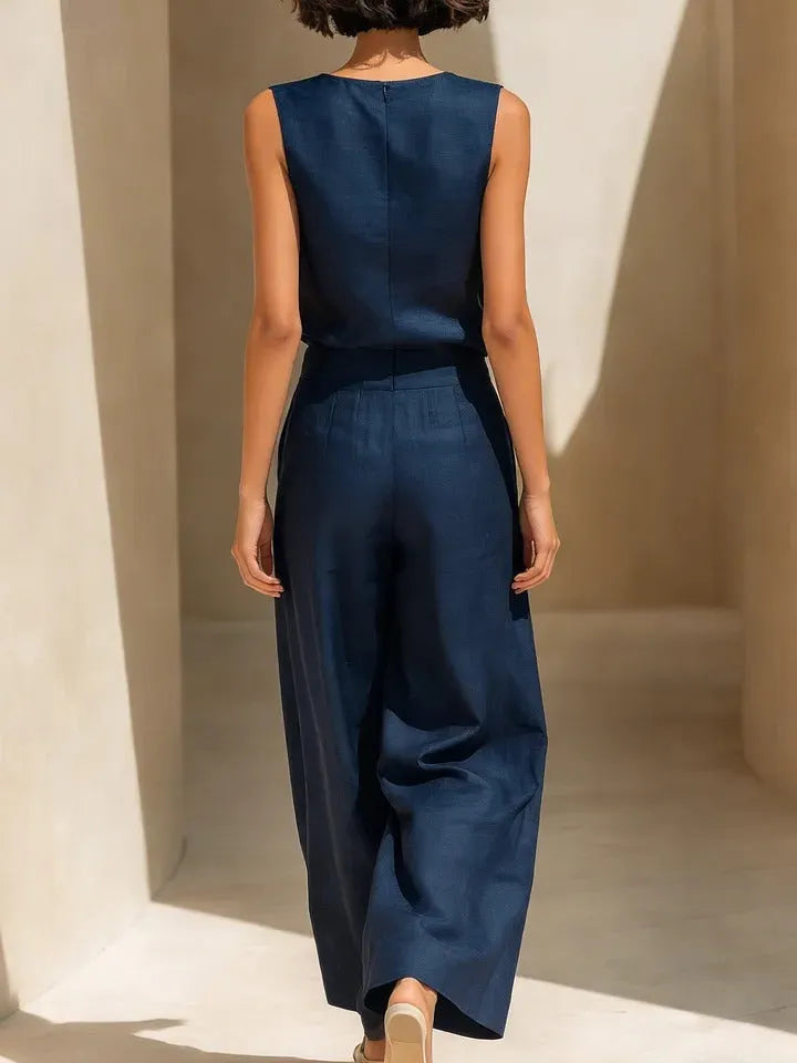 Navy Denim Two-Piece Set (Sleeveless Top + Wide-Leg Pants)